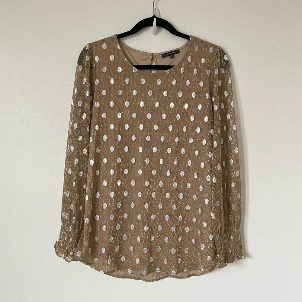 Adrianna Papell Gold Medium Womens Metallic Polka Dot Blouse Sheer Sleeves P6276